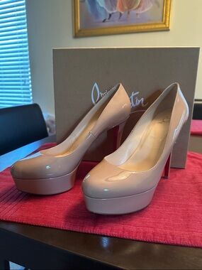 Christian Louboutin Beige Patent Leather Platform Pumps with Red Sole